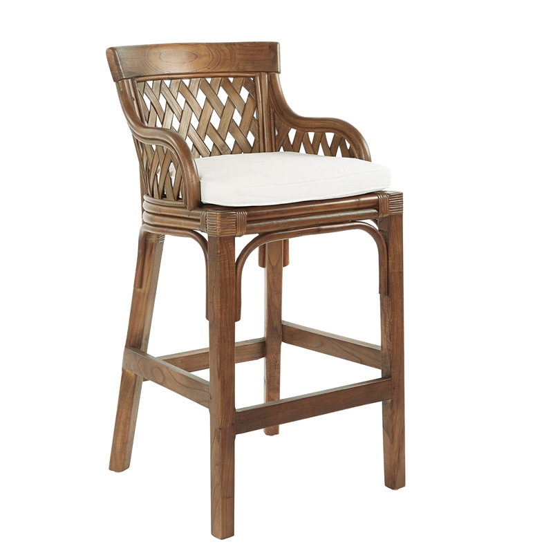 Scranton & Co Brown Stained Wood Rattan Bar Stool with Woven Back & Foam Cushion