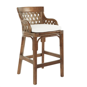 Scranton & Co Brown Stained Wood Rattan Bar Stool with Woven Back & Foam Cushion