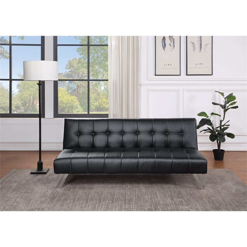 Scranton & Co Convertible Futon Sofa in Black Faux Leather with Steel Frame