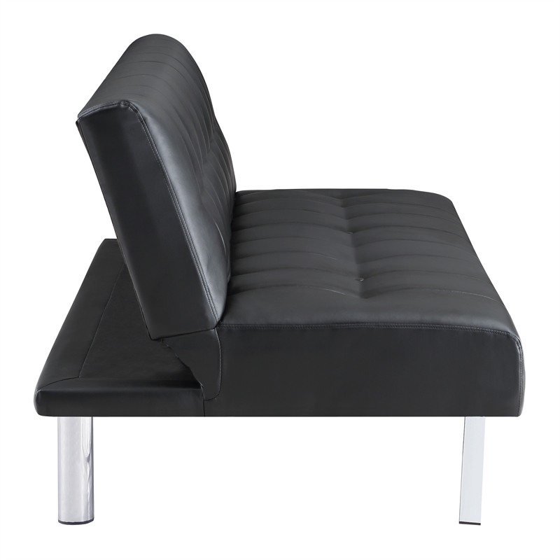 Scranton & Co Convertible Futon Sofa in Black Faux Leather with Steel Frame