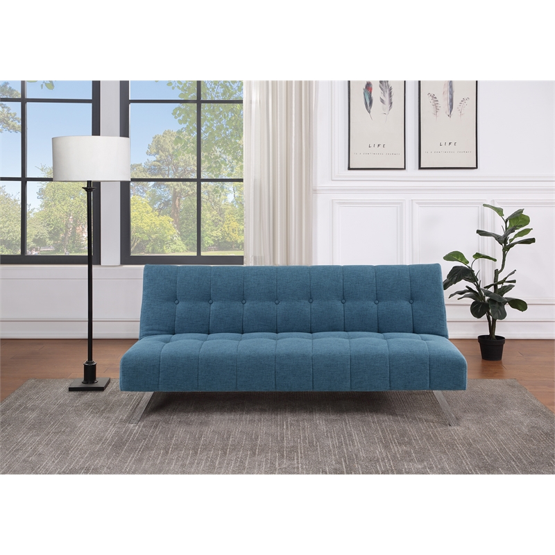 Scranton & Co Convertible Futon Sofa in Blue Fabric with Stainless Steel Frame