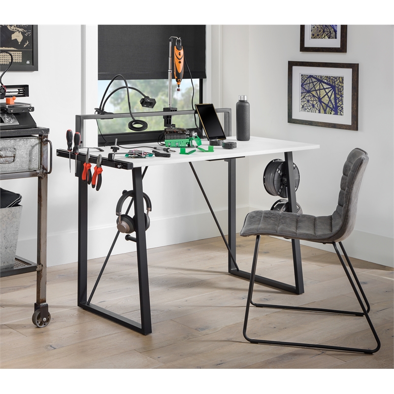 Scranton & Co Light Gray Metal Leg Desk with Power Strip and Accessory Bar