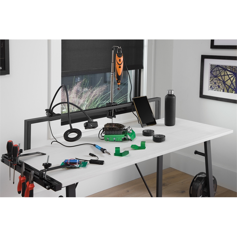 Scranton & Co Light Gray Metal Leg Desk with Power Strip and Accessory Bar