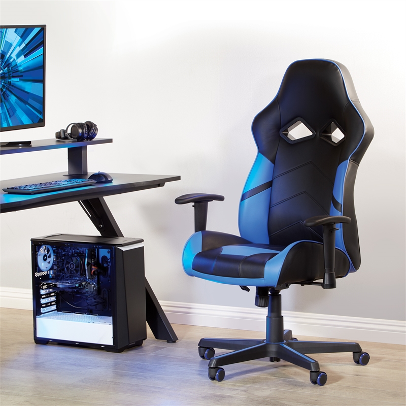 Scranton & Co Ergonomic Gaming Chair in Black Faux Leather with Blue Accents