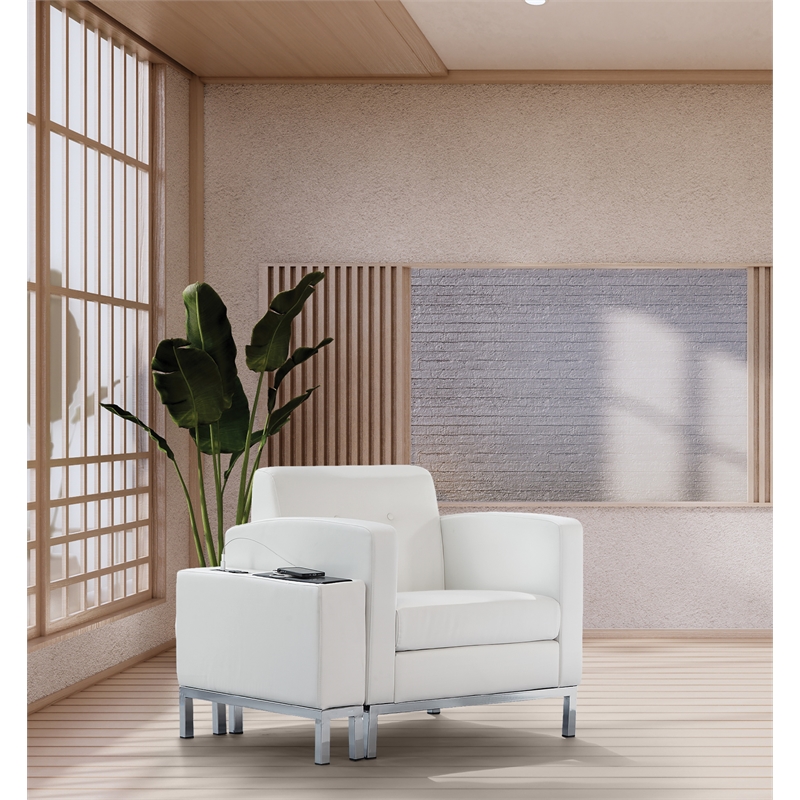 Scranton & Co White Faux Leather Corner Chair with Chrome Finished Base