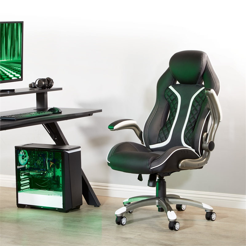 Scranton & Co Black Faux Leather Gaming Chair with White Accents and Flip Arms