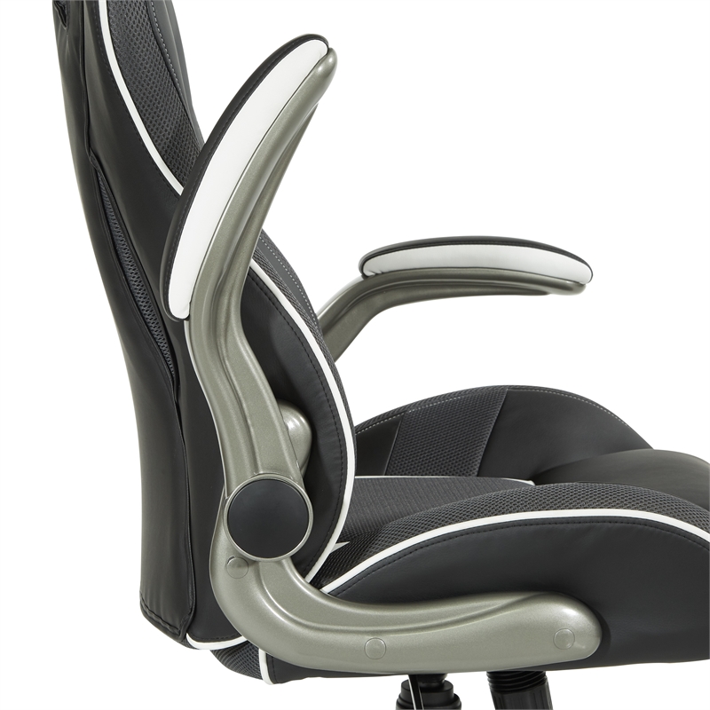Scranton & Co Black Faux Leather Gaming Chair with White Accents and Flip Arms