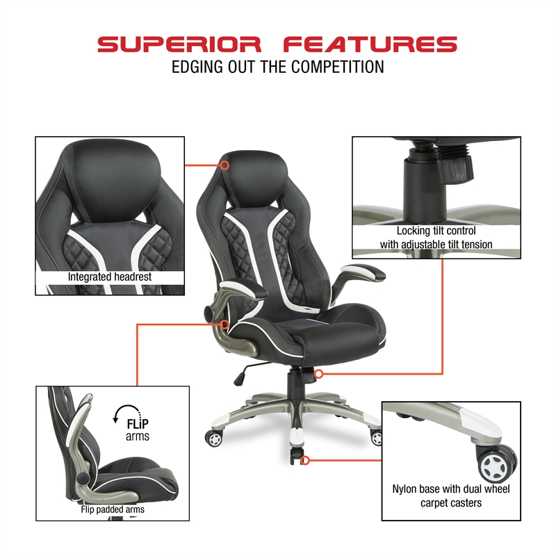 Scranton & Co Black Faux Leather Gaming Chair with White Accents and Flip Arms