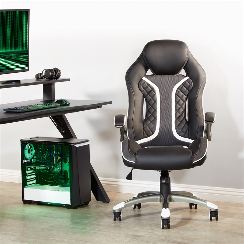 Scranton & Co Black Faux Leather Gaming Chair with White Accents and Flip Arms