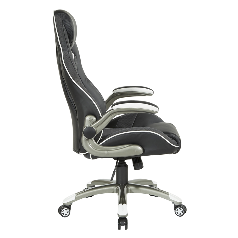 Scranton & Co Black Faux Leather Gaming Chair with White Accents and Flip Arms