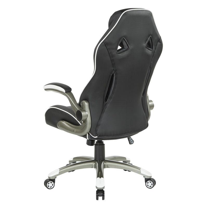 Scranton & Co Black Faux Leather Gaming Chair with White Accents and Flip Arms