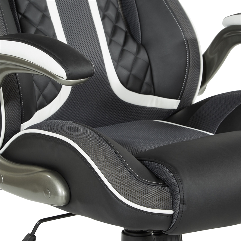 Scranton & Co Black Faux Leather Gaming Chair with White Accents and Flip Arms