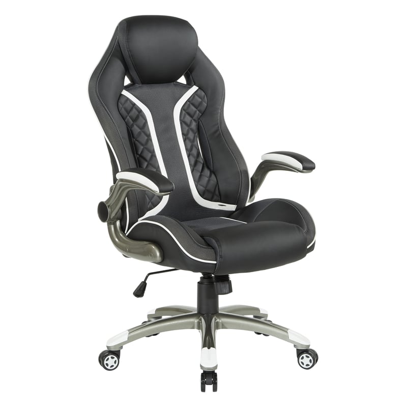 Scranton & Co Black Faux Leather Gaming Chair with White Accents and Flip Arms