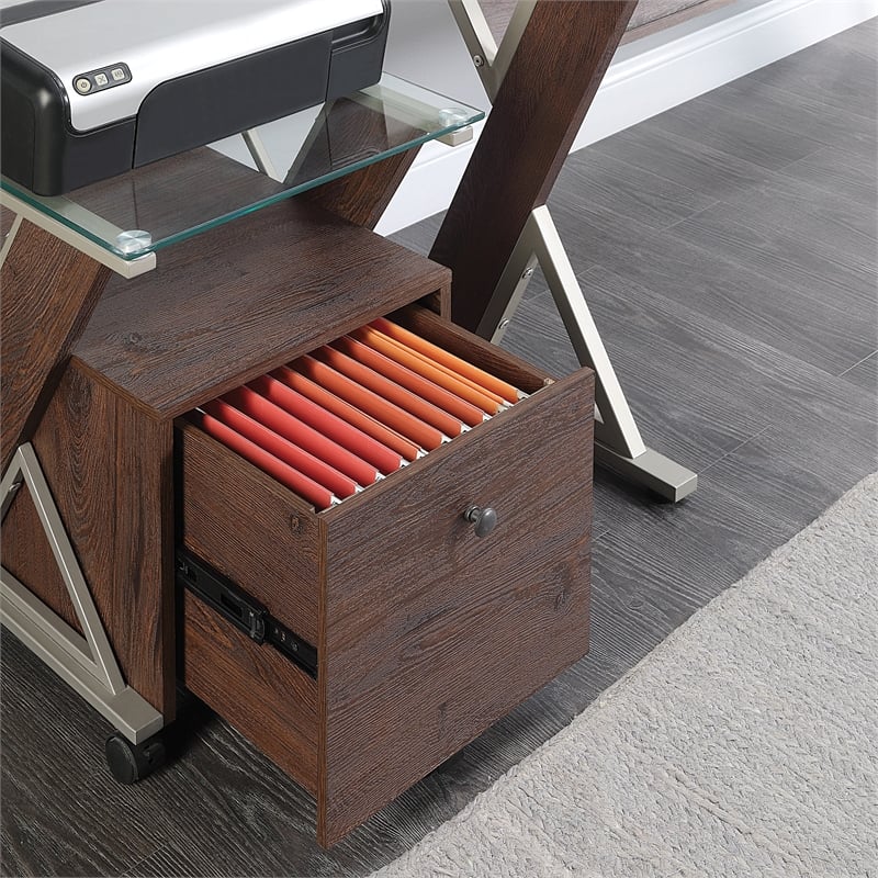 Scranton & Co Mobile File Cabinet in Cherry Red with Glass Top and Metal Z-Frame