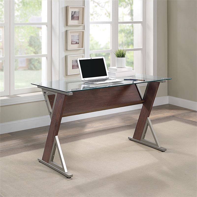 Scranton & Co 48 Inch Glass Top Desk in Cherry Red with Metal Z-Frame Design