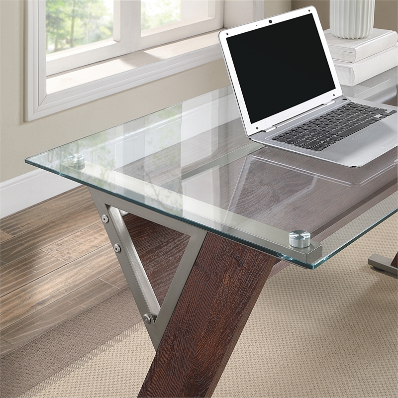 Scranton & Co 48 Inch Glass Top Desk in Cherry Red with Metal Z-Frame Design