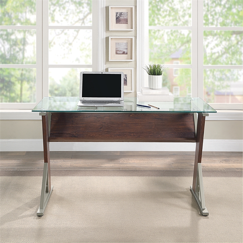 Scranton & Co 48 Inch Glass Top Desk in Cherry Red with Metal Z-Frame Design