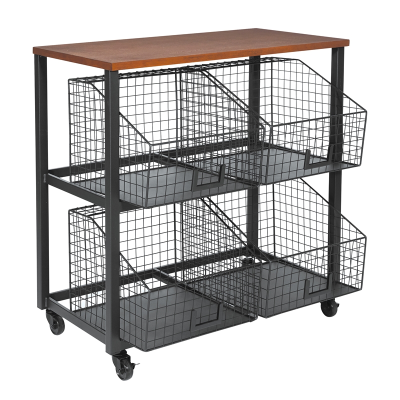 Scranton & Co 4-Drawer Rolling Storage Console in Black Metal and Sumatra Wood