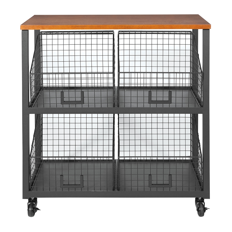 Scranton & Co 4-Drawer Rolling Storage Console in Black Metal and Sumatra Wood