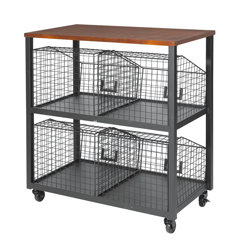 Scranton & Co 4-Drawer Rolling Storage Console in Black Metal and Sumatra Wood