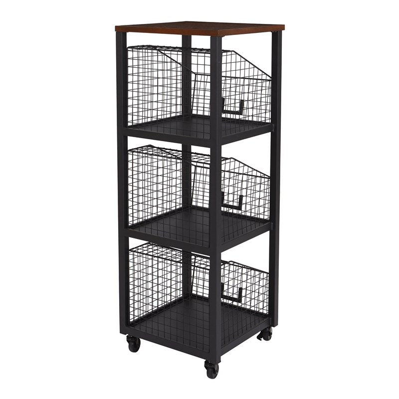 Scranton & Co 3-Drawer Rolling Storage Console in Black Metal and Sumatra Wood