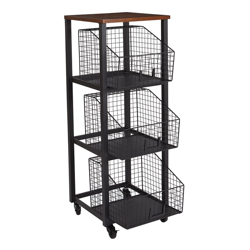 Scranton & Co 3-Drawer Rolling Storage Console in Black Metal and Sumatra Wood