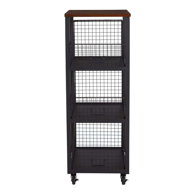 Scranton & Co 3-Drawer Rolling Storage Console in Black Metal and Sumatra Wood