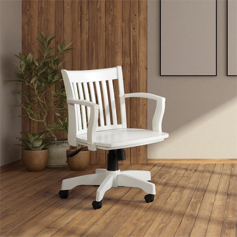 Scranton & Co Classic White Wood Banker's Chair with Slat Back and Swivel
