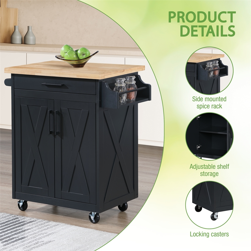 Scranton & Co Farmhouse Kitchen Cart in Black with Butcher Block Top