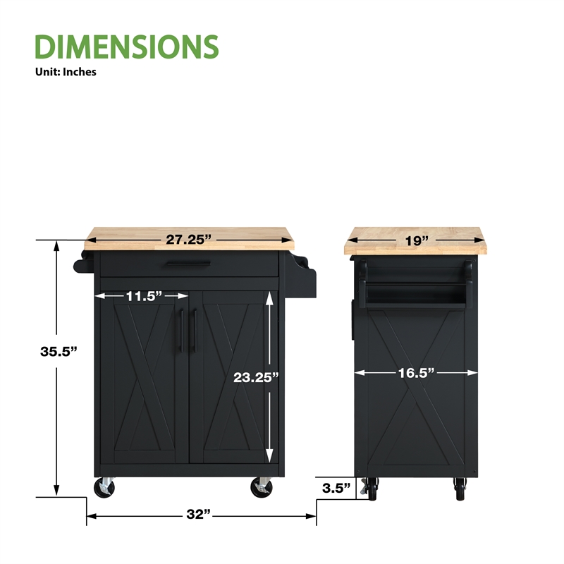 Scranton & Co Farmhouse Kitchen Cart in Black with Butcher Block Top