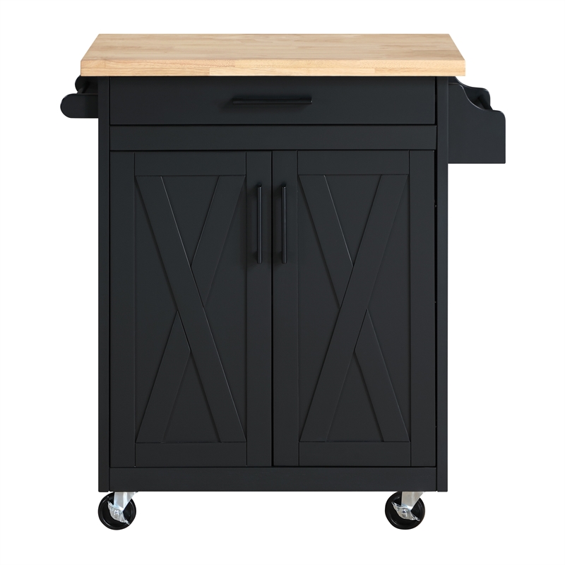 Scranton & Co Farmhouse Kitchen Cart in Black with Butcher Block Top