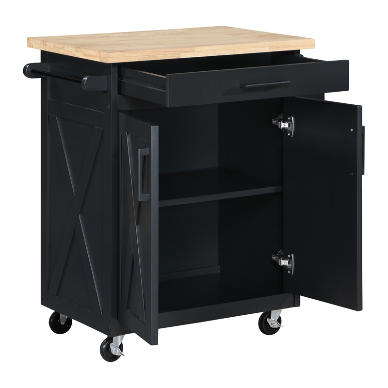 Scranton & Co Farmhouse Kitchen Cart in Black with Butcher Block Top