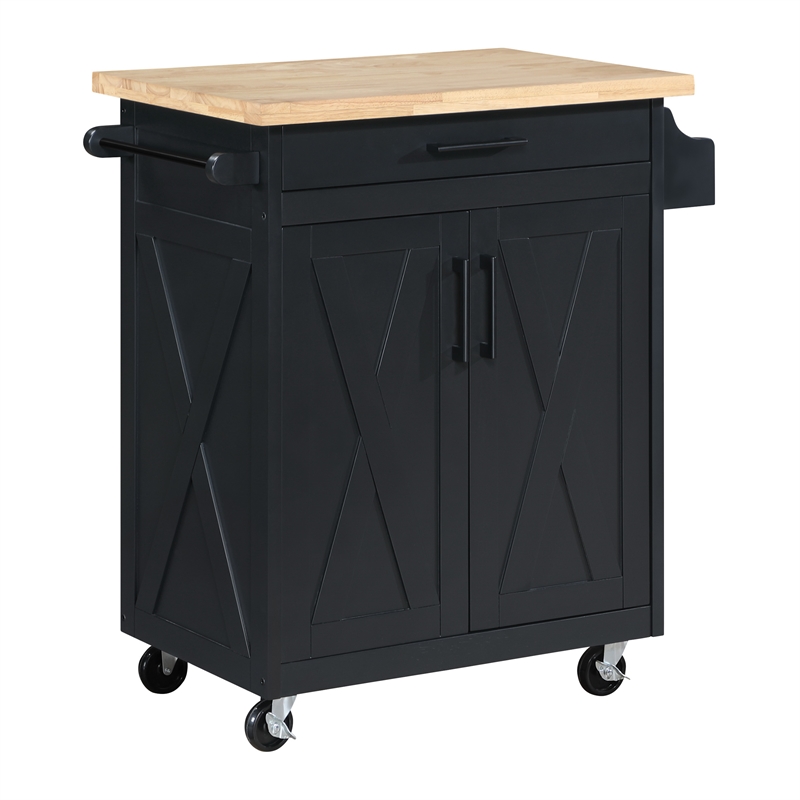 Scranton & Co Farmhouse Kitchen Cart in Black with Butcher Block Top