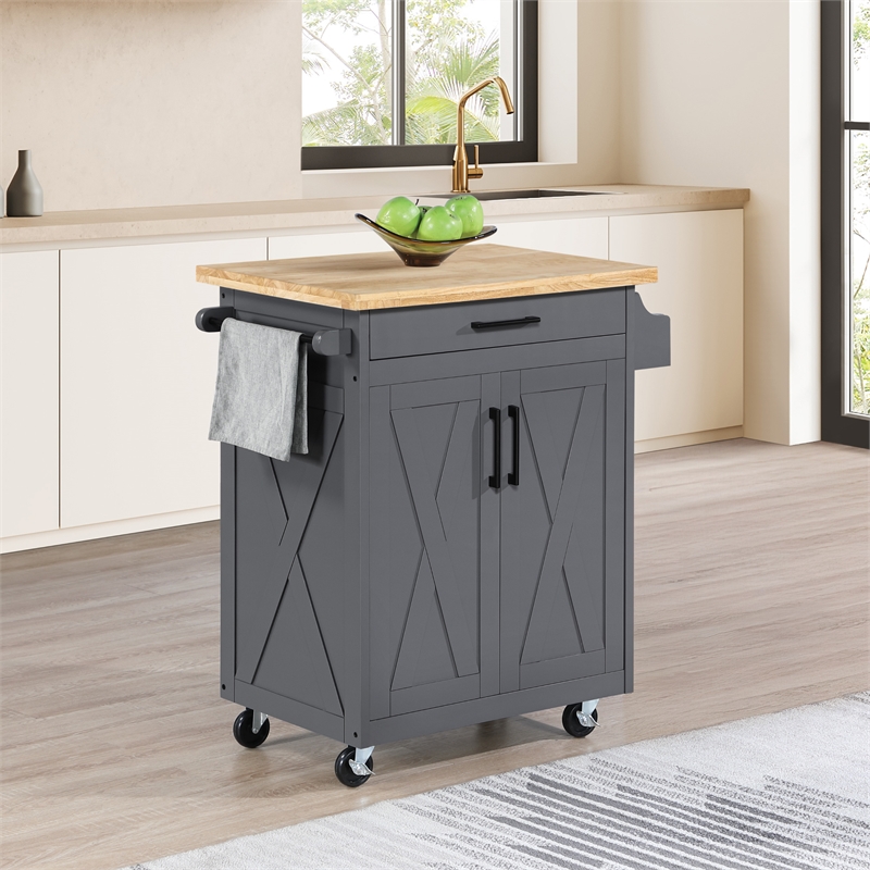 Scranton & Co Farmhouse Kitchen Cart in Grey with Butcher Block Top
