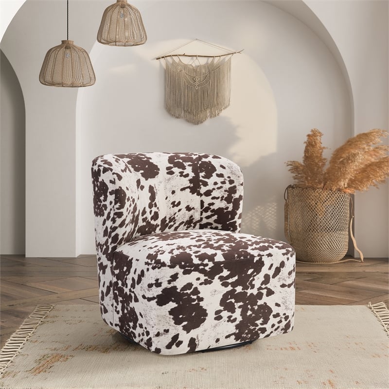 Scranton & Co Modern Barrel Swivel Accent Chair in Brown Cow Print Fabric
