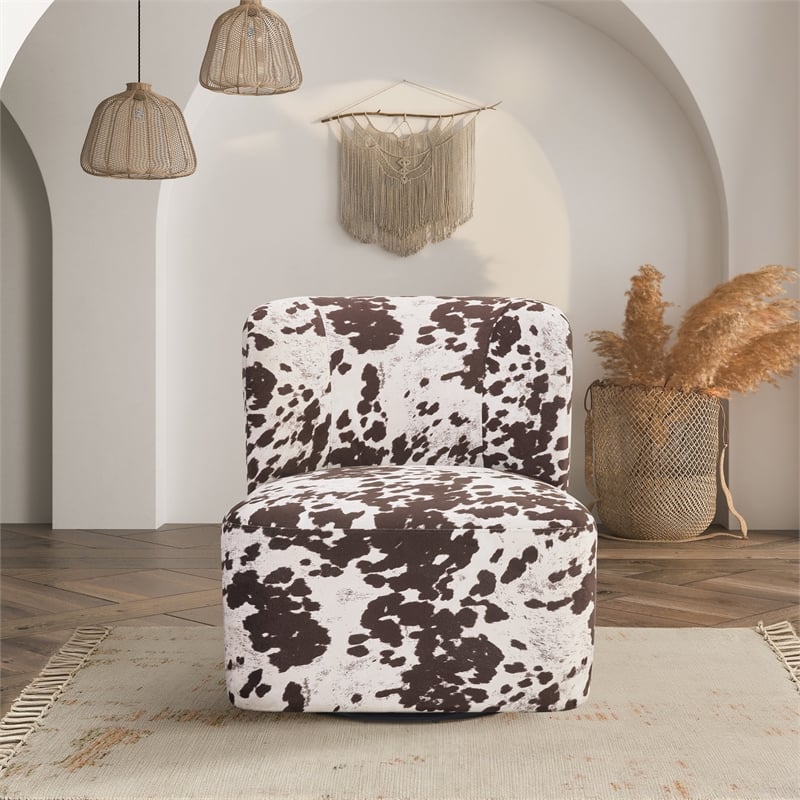 Scranton & Co Modern Barrel Swivel Accent Chair in Brown Cow Print Fabric