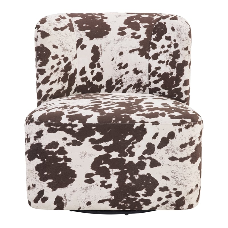 Scranton & Co Modern Barrel Swivel Accent Chair in Brown Cow Print Fabric