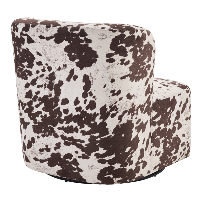 Scranton & Co Modern Barrel Swivel Accent Chair in Brown Cow Print Fabric