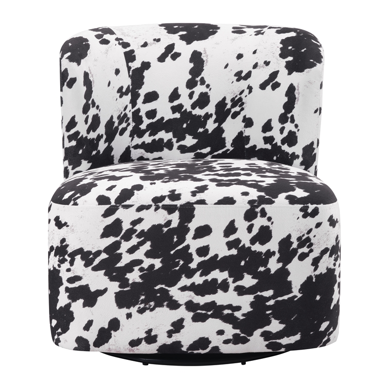 Scranton & Co Modern Barrel Swivel Accent Chair in Black Cow Print Fabric
