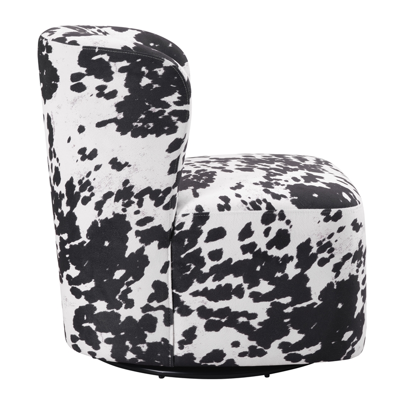 Scranton & Co Modern Barrel Swivel Accent Chair in Black Cow Print Fabric