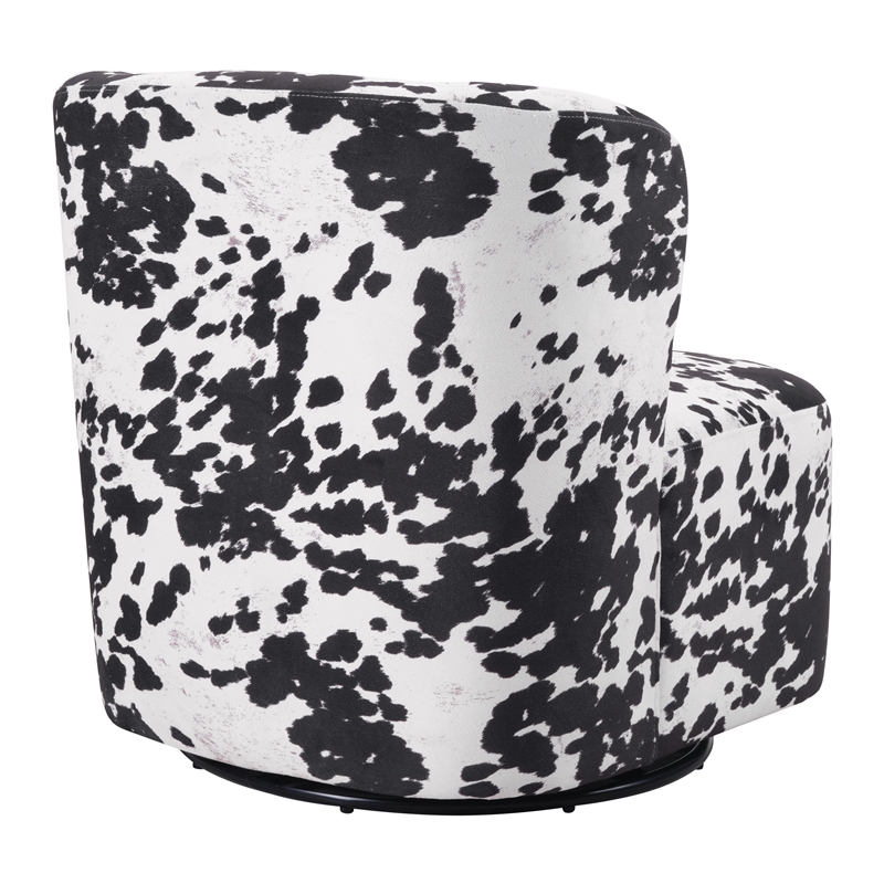 Scranton & Co Modern Barrel Swivel Accent Chair in Black Cow Print Fabric