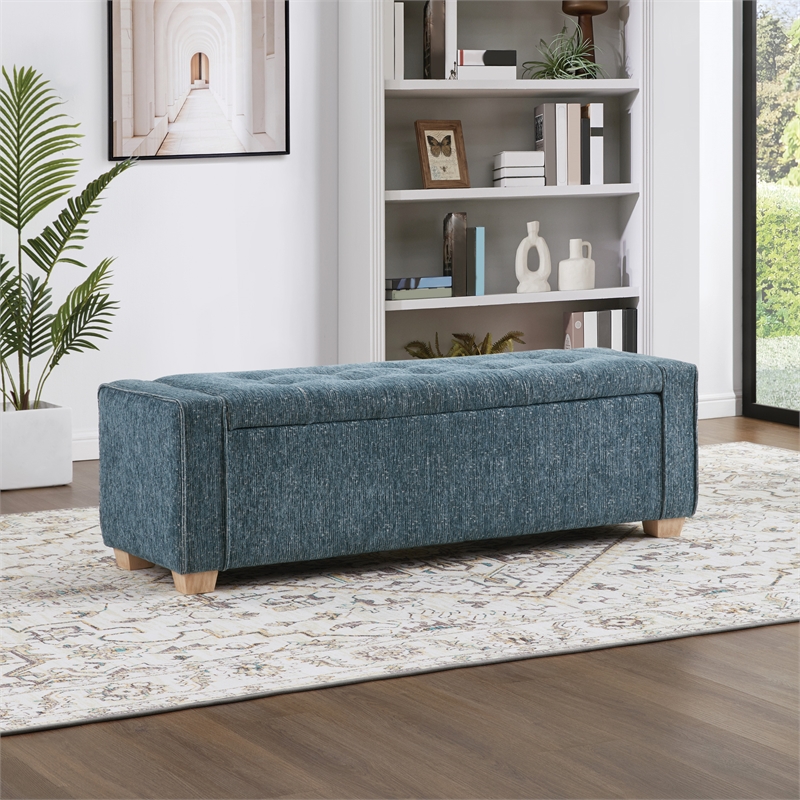Scranton & Co Button Tufted Storage Bench in Atlantic Blue Fabric