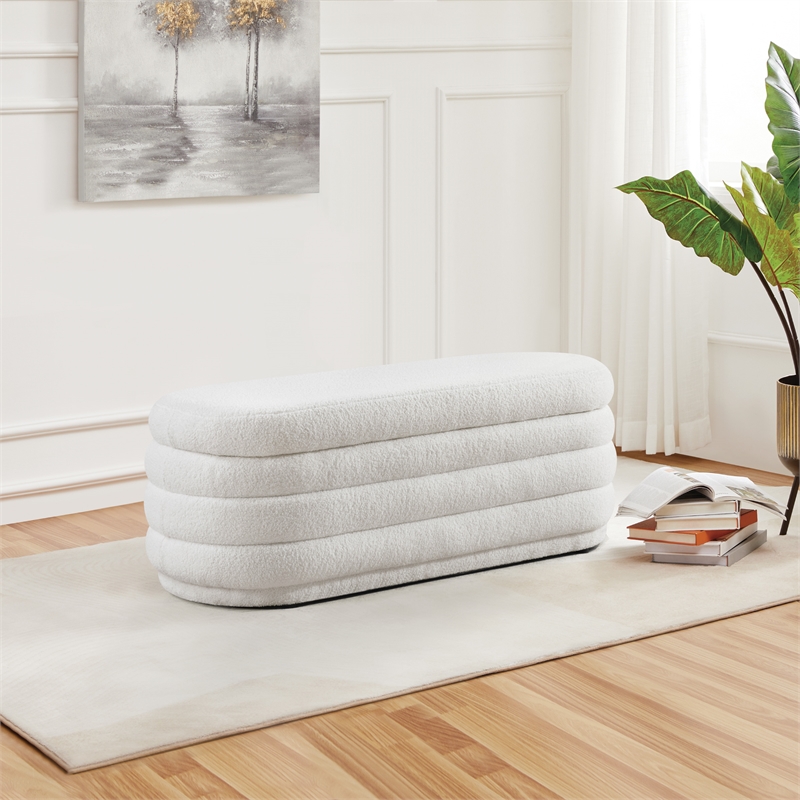 Scranton & Co Channel Tufted Deco Storage Bench in Ivory Sherpa Fabric