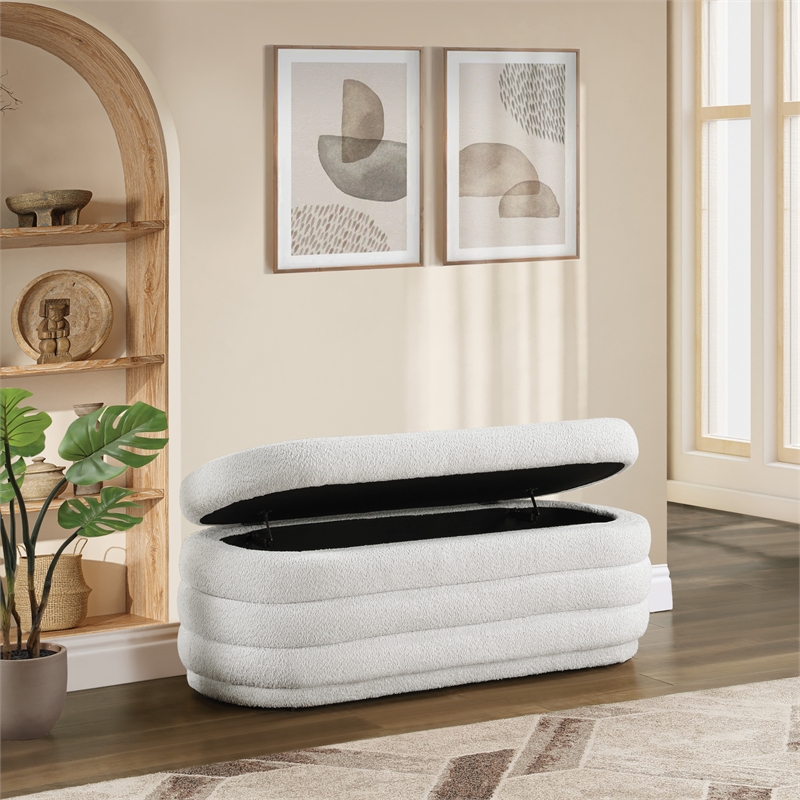 Scranton & Co Channel Tufted Deco Storage Bench in Off White Parchment Sherpa