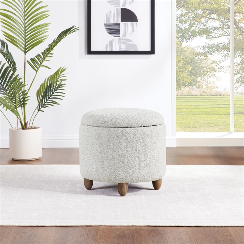 Scranton & Co Round Storage Ottoman in Sherpa Parchment with Oak Legs