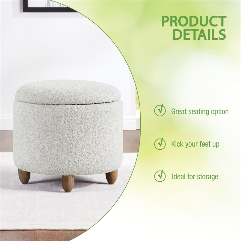Scranton & Co Round Storage Ottoman in Sherpa Parchment with Oak Legs
