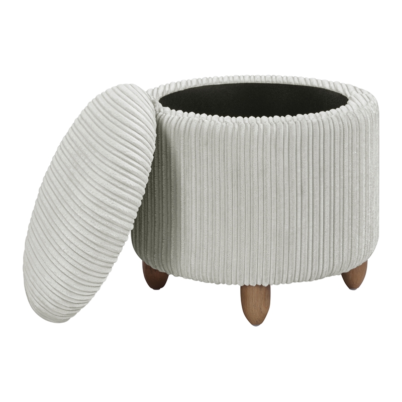 Scranton & Co Round Storage Ottoman in Taupe Fabric with Medium Oak Legs