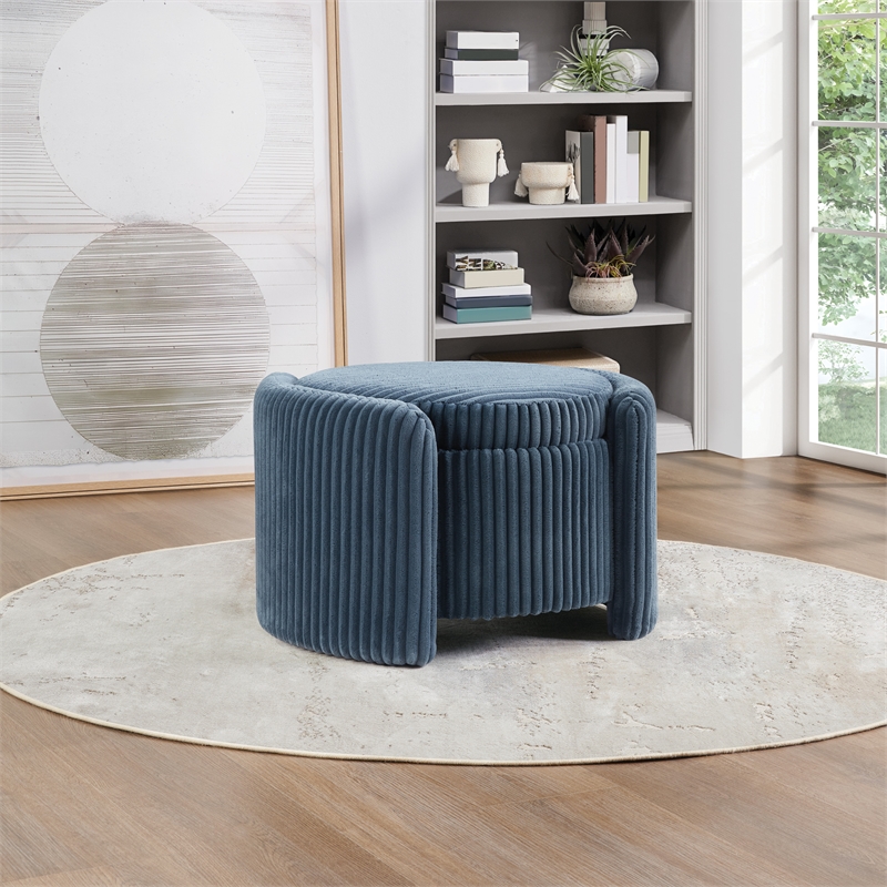Scranton & Co Blue Cord Fabric Round Storage Ottoman with Mango Wood Top
