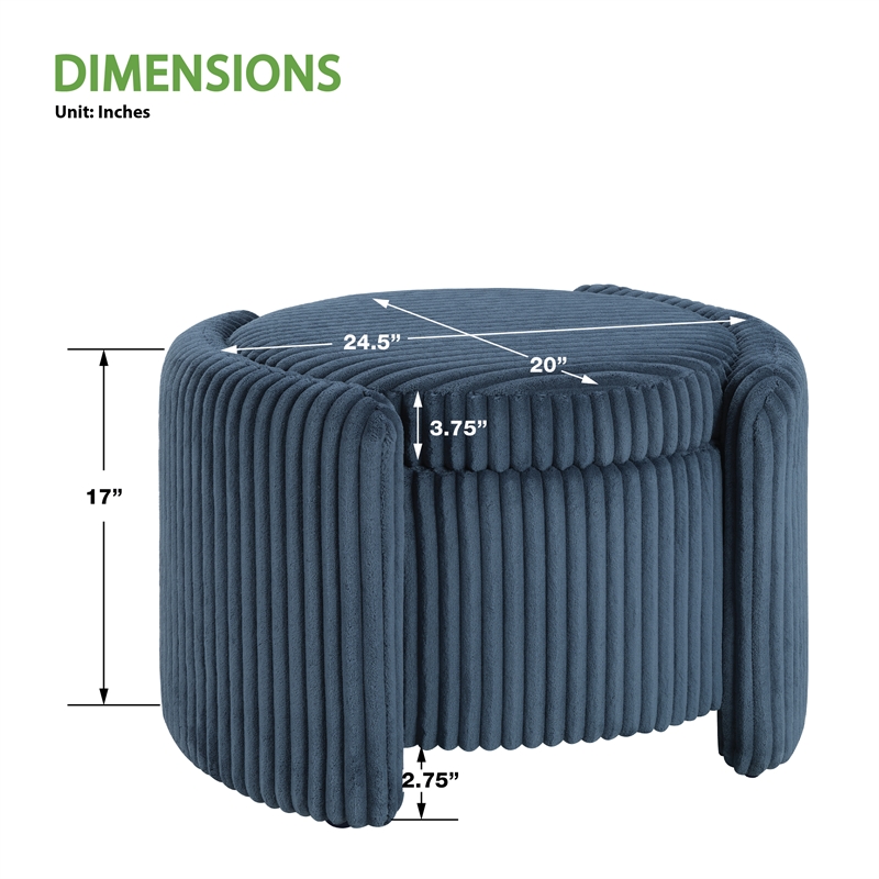 Scranton & Co Blue Cord Fabric Round Storage Ottoman with Mango Wood Top