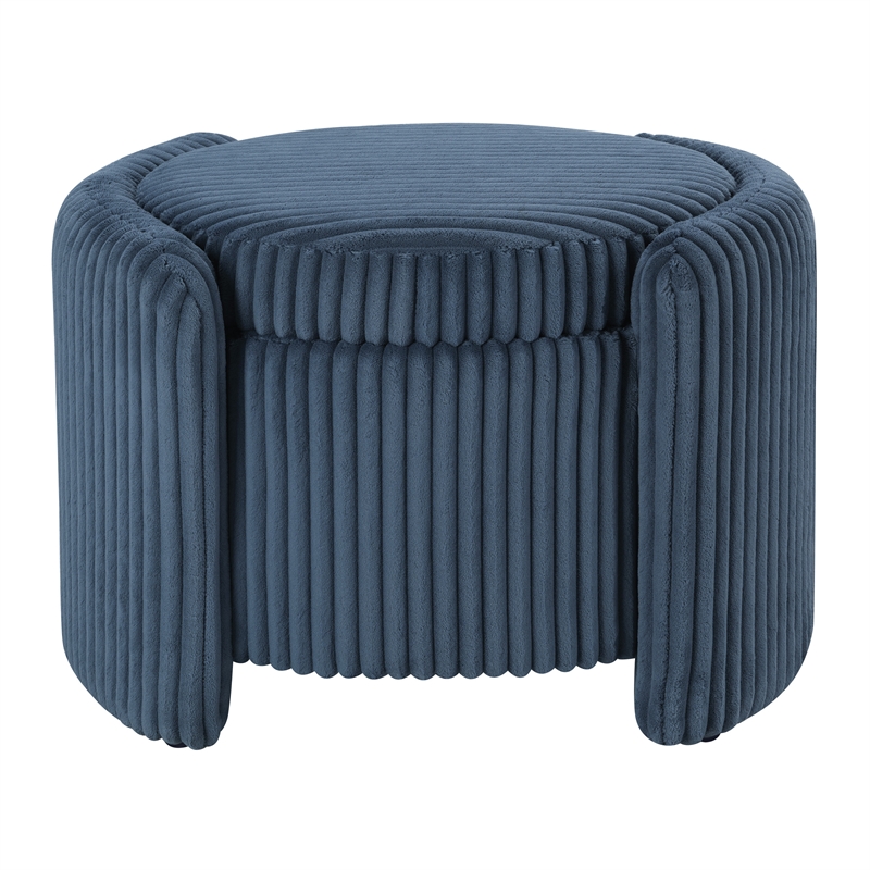 Scranton & Co Blue Cord Fabric Round Storage Ottoman with Mango Wood Top